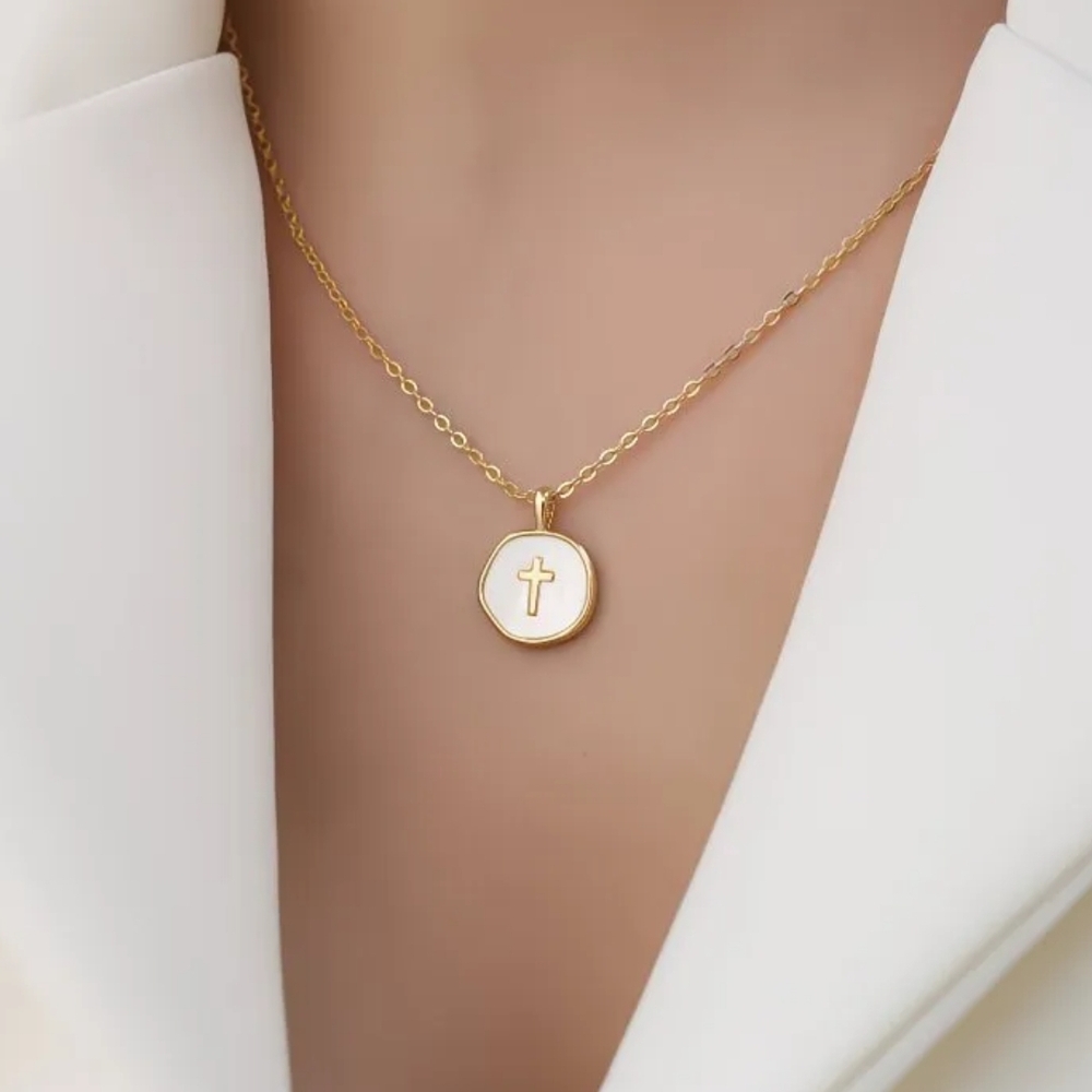 Gold Cross Enameled Necklace